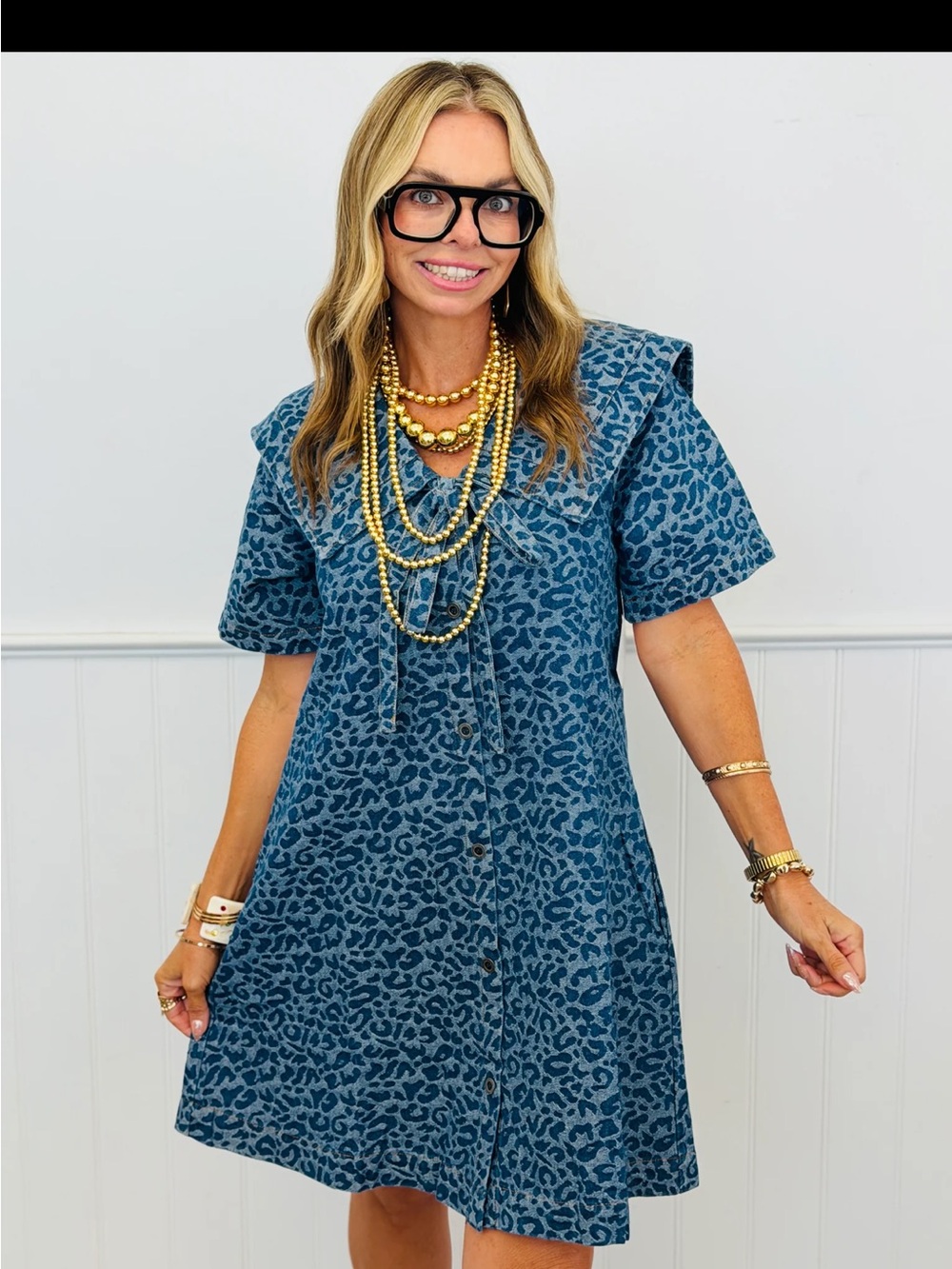 Blue Leopard Print Button-Front Mini Dress